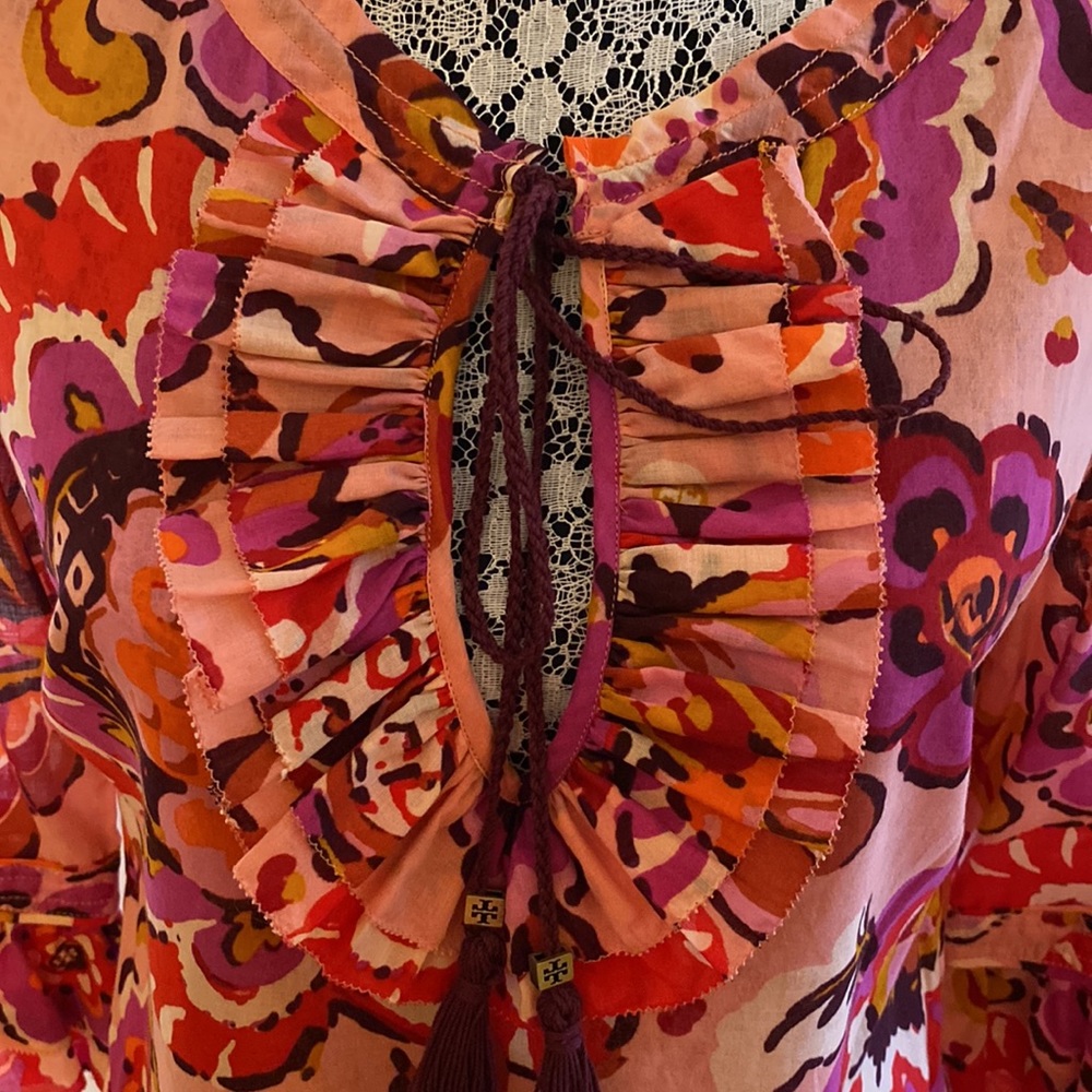 Tory Burch Cotton Voile Tunic Pink Orange Floral Drawstring Ruffle Collar Size 4 - Picture 3 of 16